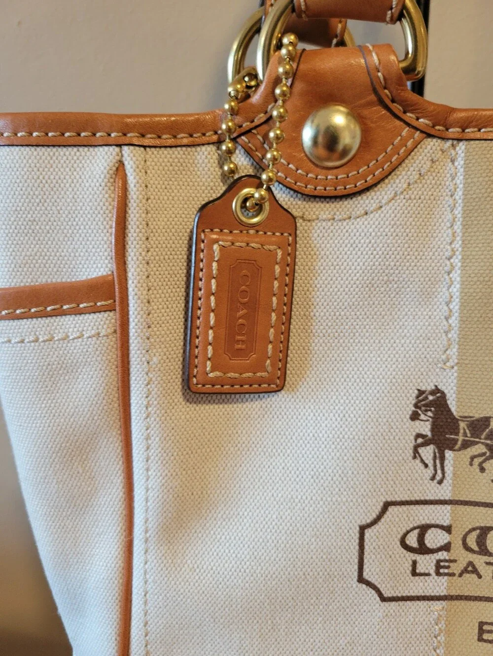 Coach Tattersal Silk Lining Leatherware Canvas Tote Bag in Beige with Tan Trim